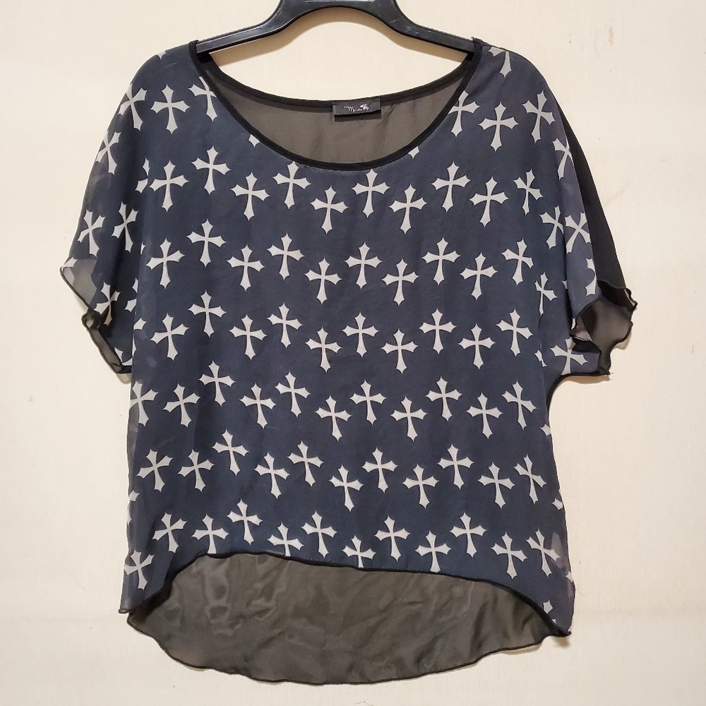 Black blouse with Cross print on Front Plain back